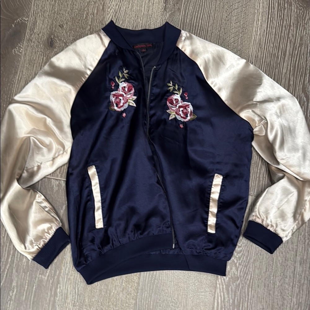 Material Girl Blue and Cream Bomber Jacket with Floral Embroidery